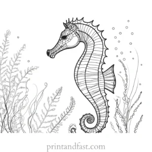 seahorse coloring page with seaweed