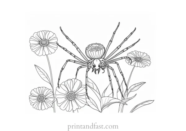 spider coloring page with flowers