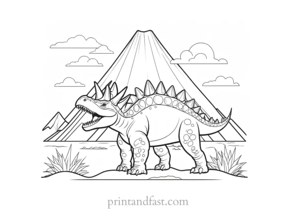 stegosaurus coloring page with volcano