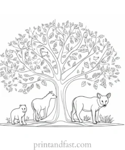 tree coloring page with animals