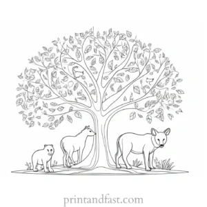 tree coloring page with animals