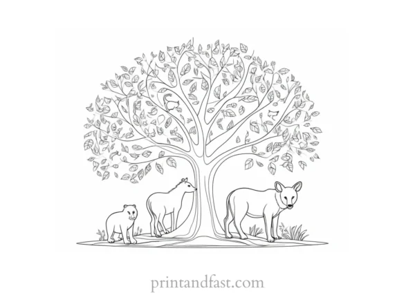 tree coloring page with animals