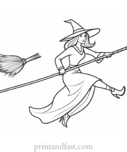 witch Flying on Broom Coloring Page