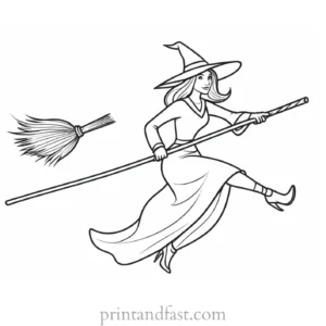 witch Flying on Broom Coloring Page