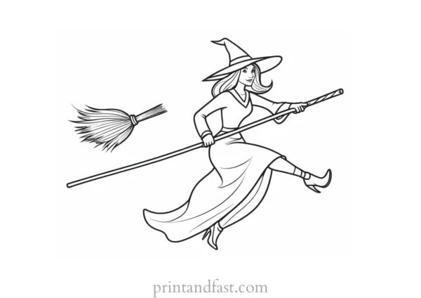 witch Flying on Broom Coloring Page